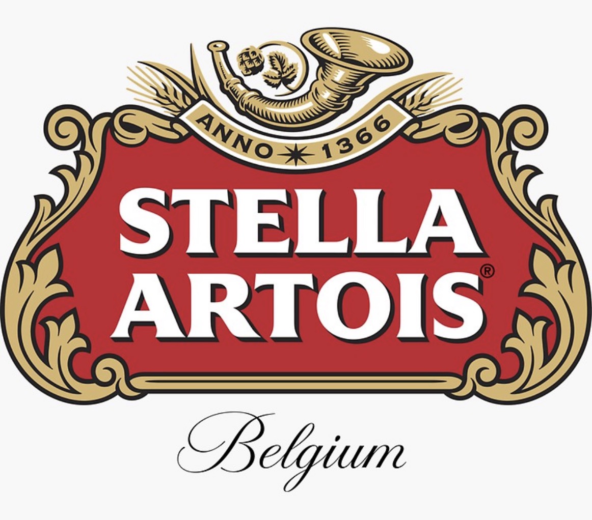Logo of Stella Artois beer brand with golden and red design.
