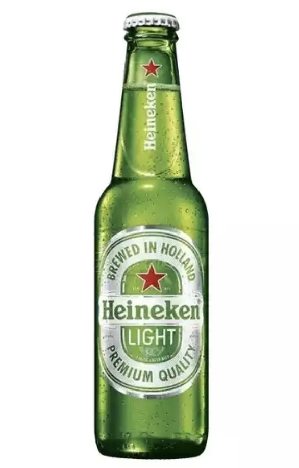 Cold Heineken Light beer bottle with condensation droplets.