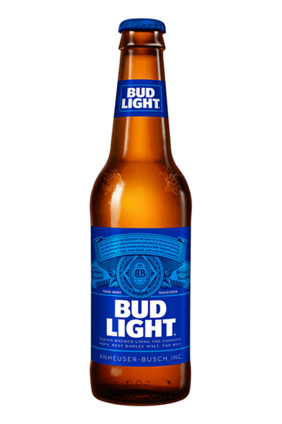 A close-up of a Bud Light beer bottle with a blue label.