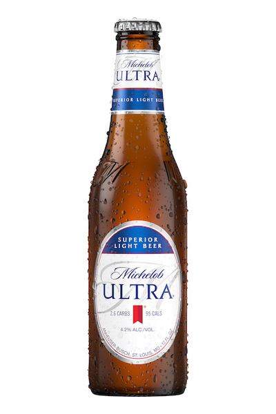 A chilled bottle of Michelob Ultra beer with condensation droplets.