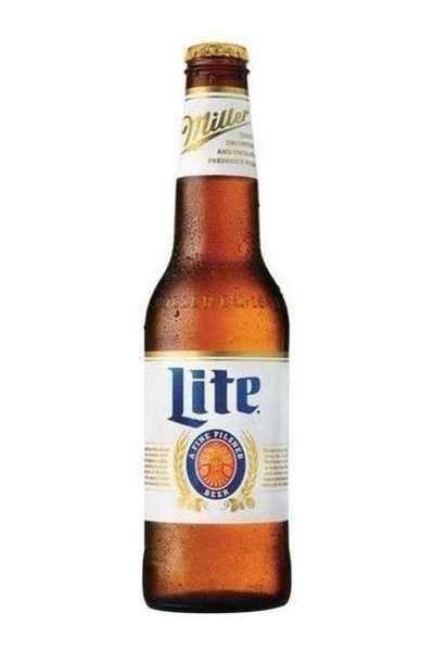 A chilled bottle of Lite beer with condensation.