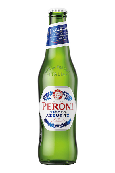 A green bottle of Peroni Nastro Azzurro Italian beer.