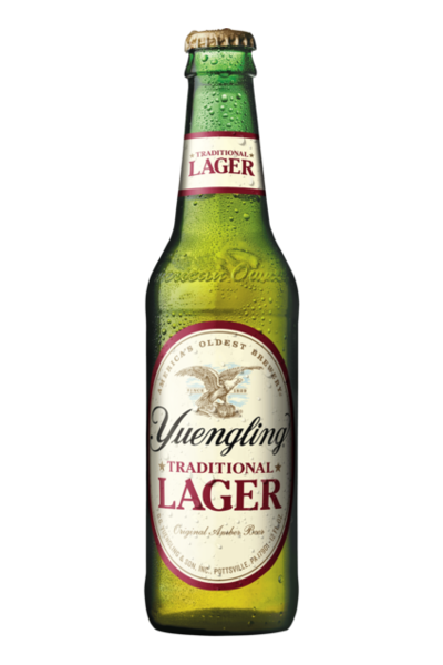 A cold bottle of Yuengling Traditional beer with condensation.