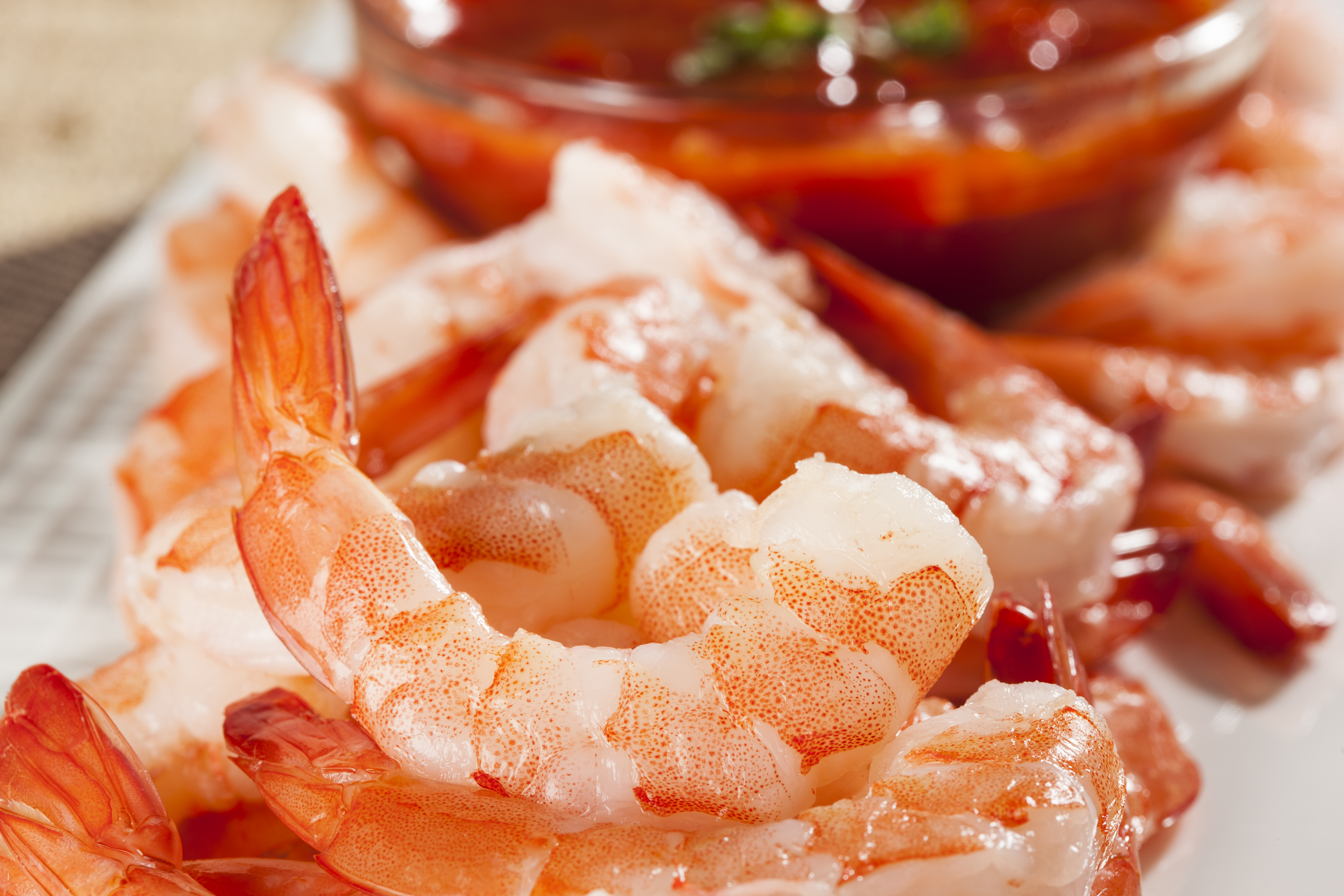 Cooked shrimp served with cocktail sauce on a white plate.